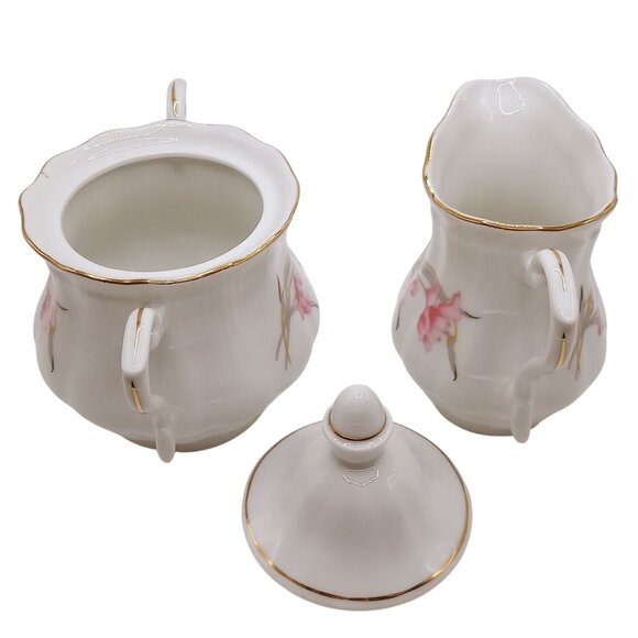 Walbrzych Poland Sugar Bowl Creamer Set Porcelain Gold Trim Floral Design VTG - Picture 6 of 12